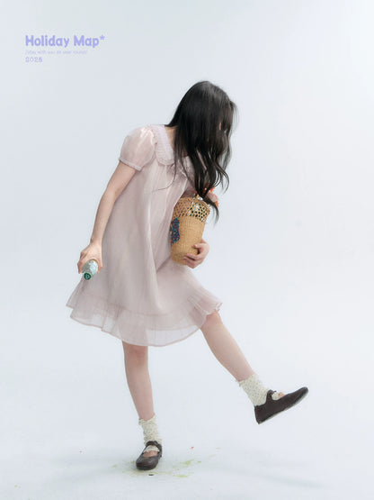 "Misty Wild Rose" Detachable Rose Lace Trim Puff Sleeve Midi Dress