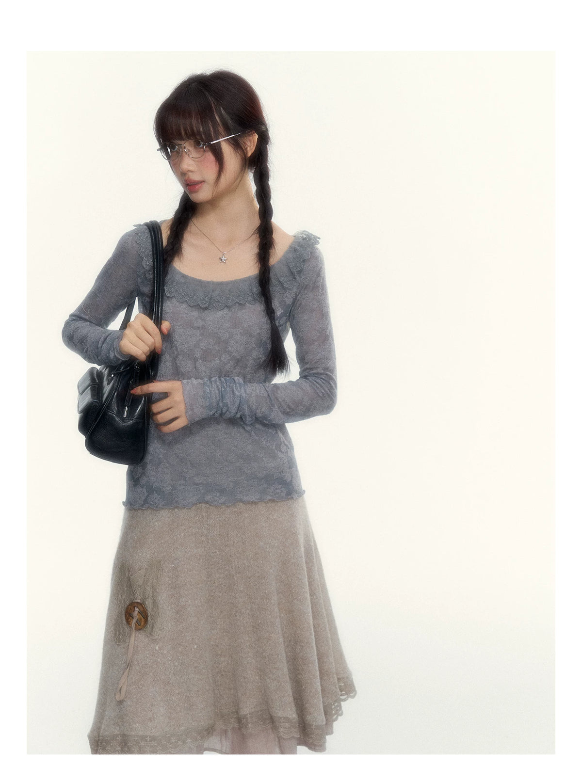 “Everyday Mist” Jacquard Lace Layering Top ( Ivory / Fog Gray )
