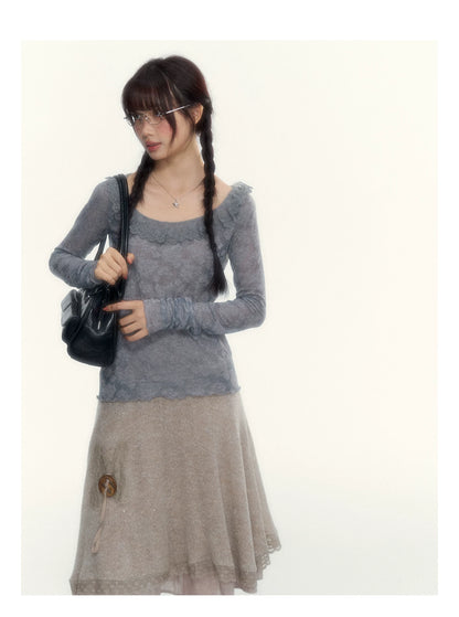 “Everyday Mist” Jacquard Lace Layering Top ( Ivory / Fog Gray )