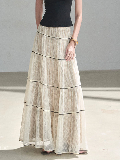 "Mist Through the Woods" Creamy Apricot White Lace Maxi A-Line Skirt