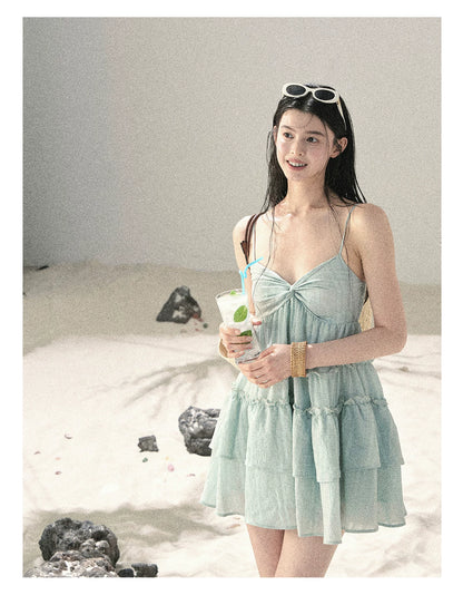 "Mossy Stone Steps" Primrose Green Tiered Cami Mini Dress