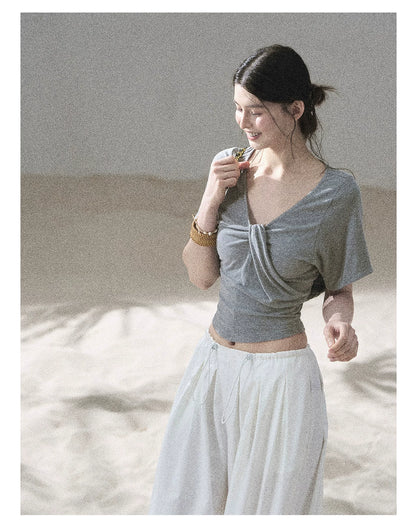"Moonlight on Water" Twist-Front Cropped T-Shirt (Silver Mink Gray/ Mist Blue)