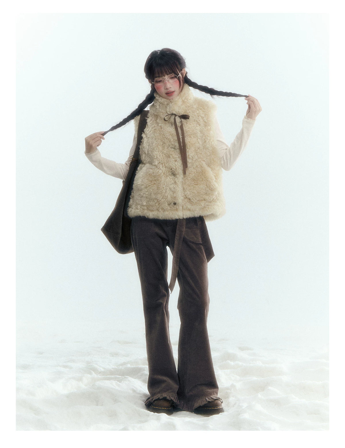 Horridale - Milk Tea Brown Floral Belt Corduroy Flare Pants