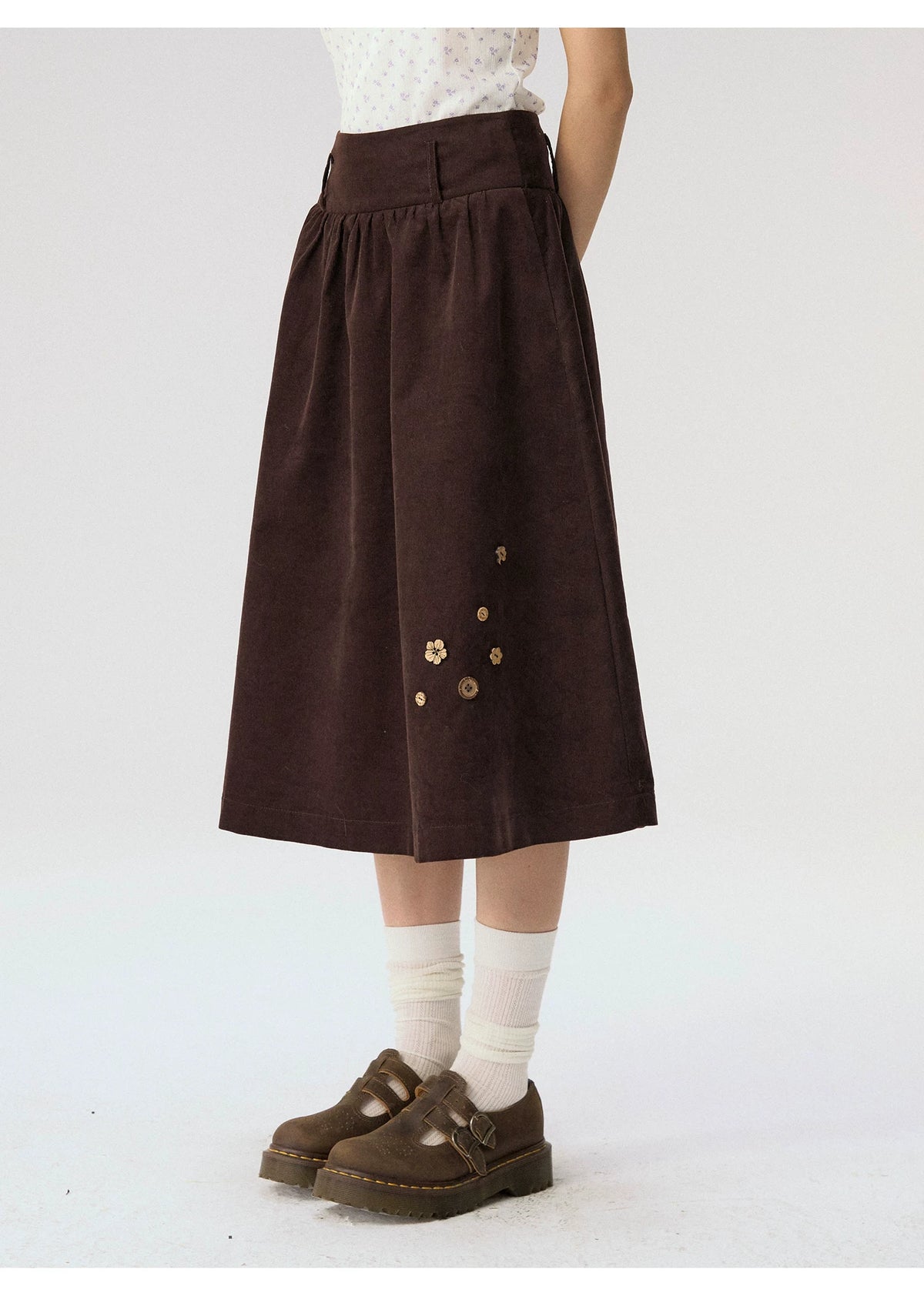 [CAN] “Caramel Glow” Brown Corduroy High-Waist A-Line Skirt