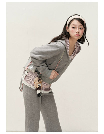 [RF] Soft Gingham Color-Block Hoodie and Flare Pants Set (Blue / Mauve)