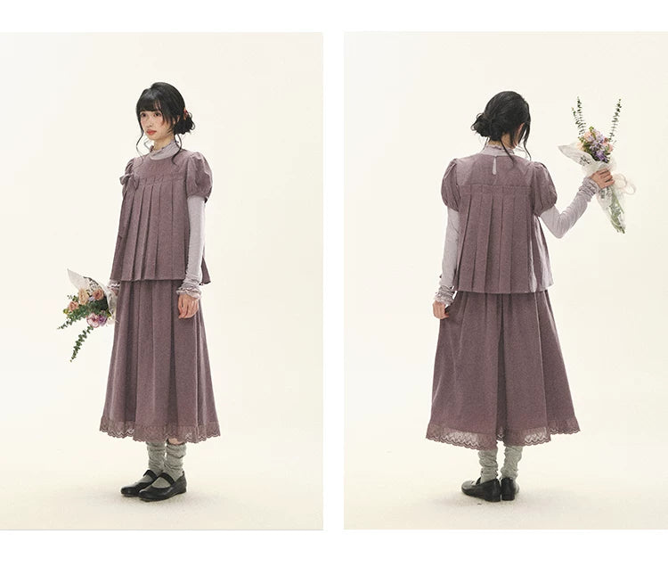 "Whispers Between Pleats" Gray Grape Purple Pleated Top & Maxi Skirt Set