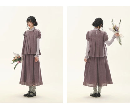 "Whispers Between Pleats" Gray Grape Purple Pleated Top & Maxi Skirt Set