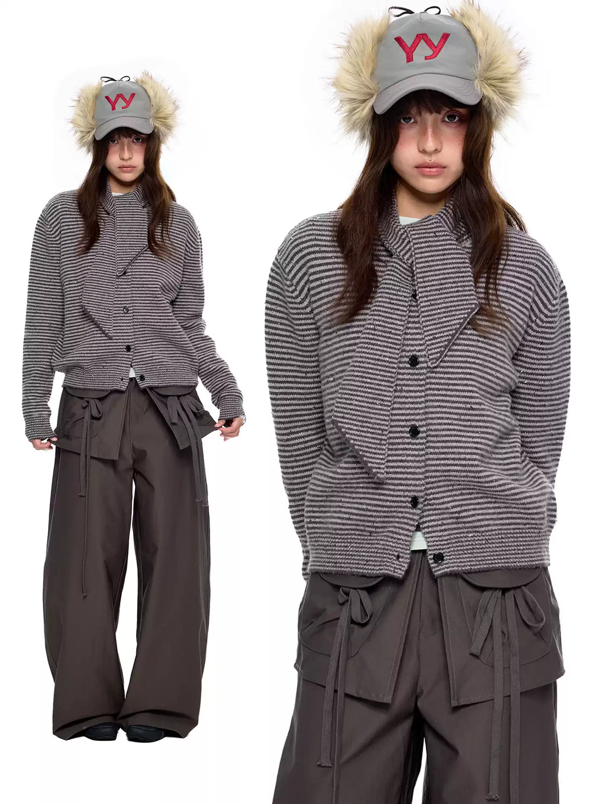EZEK | Speckled Crew Neck Cardigan Sweater (Gray / Caramel)