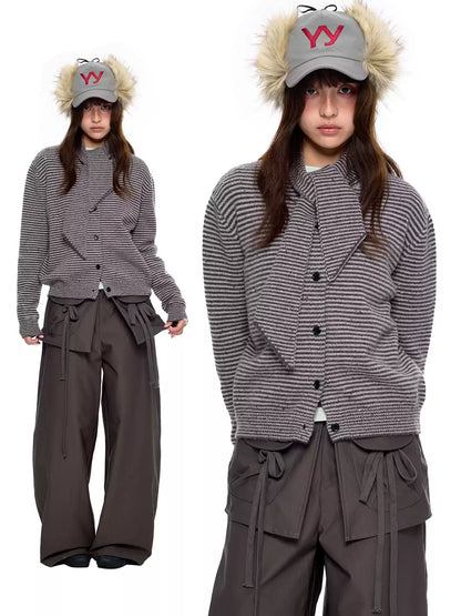 EZEK | Speckled Crew Neck Cardigan Sweater (Gray / Caramel)