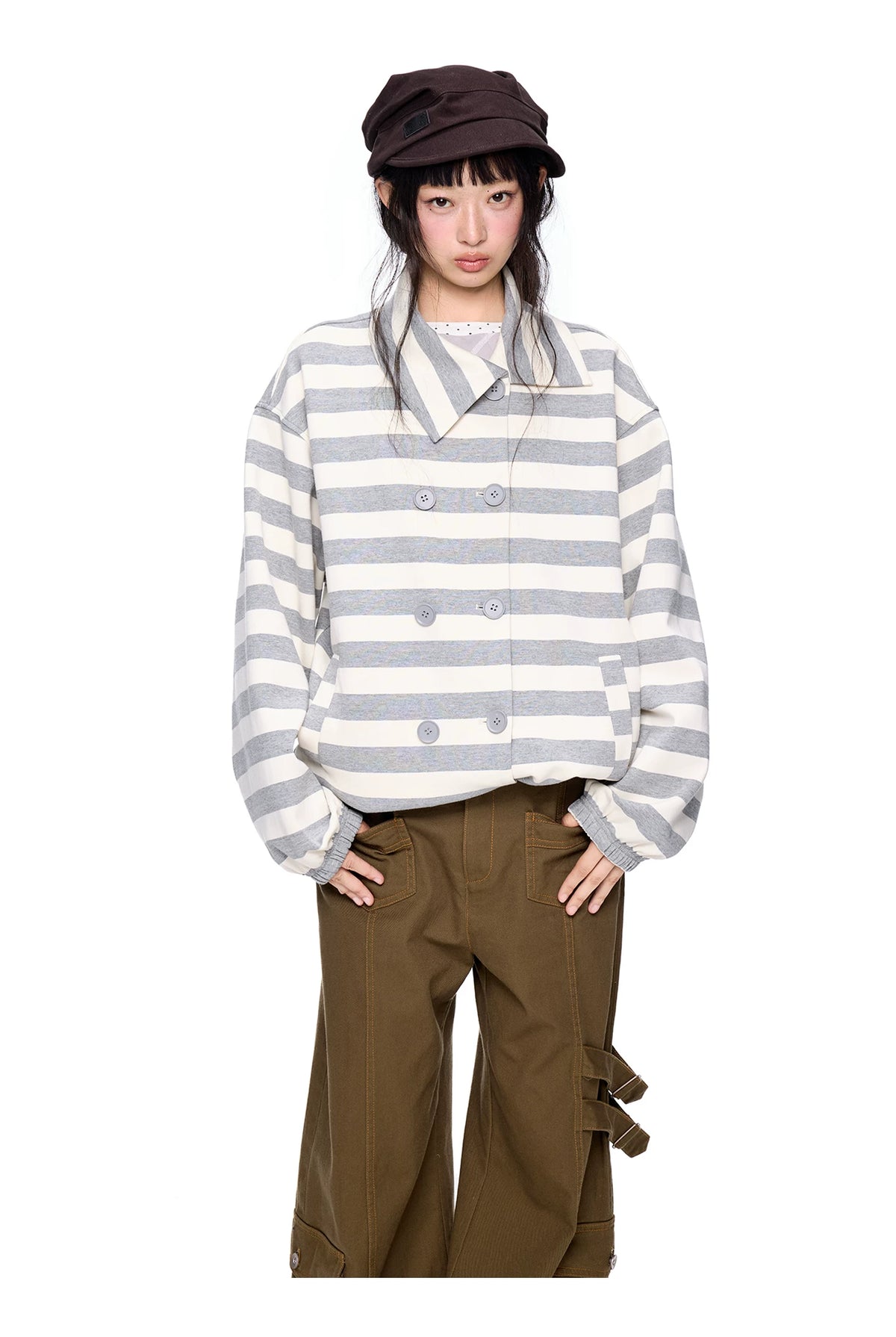 EZEK | Striped Asymmetrical Collar Cardigan Sweatshirt with Double-Breasted Buttons