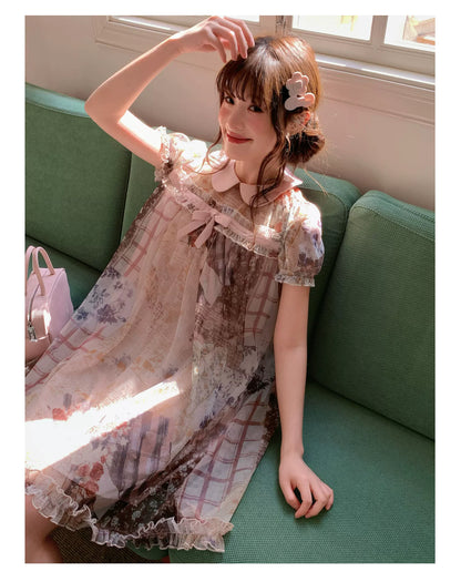 [RF] “Vintage Storybook” Light Brown Tea Patchwork Print Mini Dress
