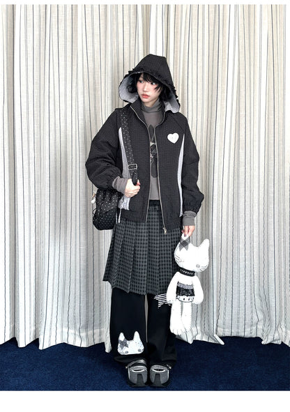 "Cold Air" Black Padded Jacket / Base Layer Top / Polka Dots Skirt / Sweatpants Set