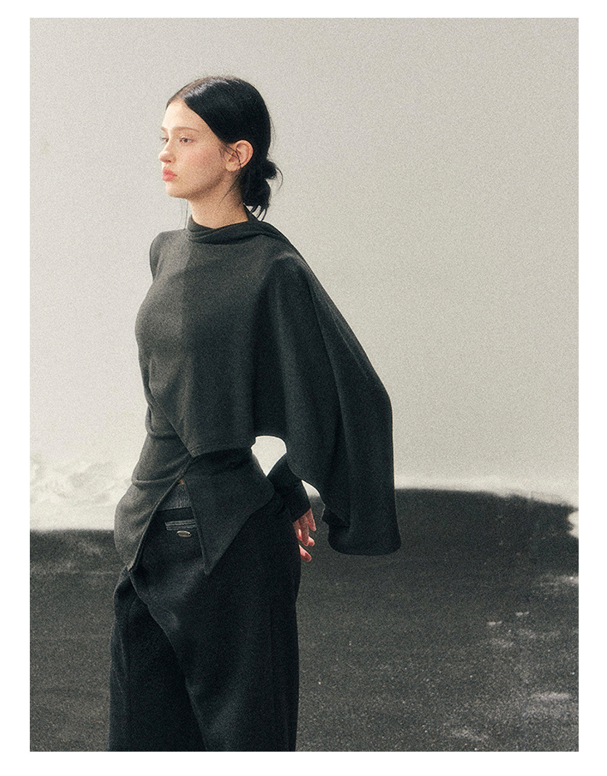 少也眼 "She Outshines the Fireworks" Charcoal Asymmetrical Wrap Top