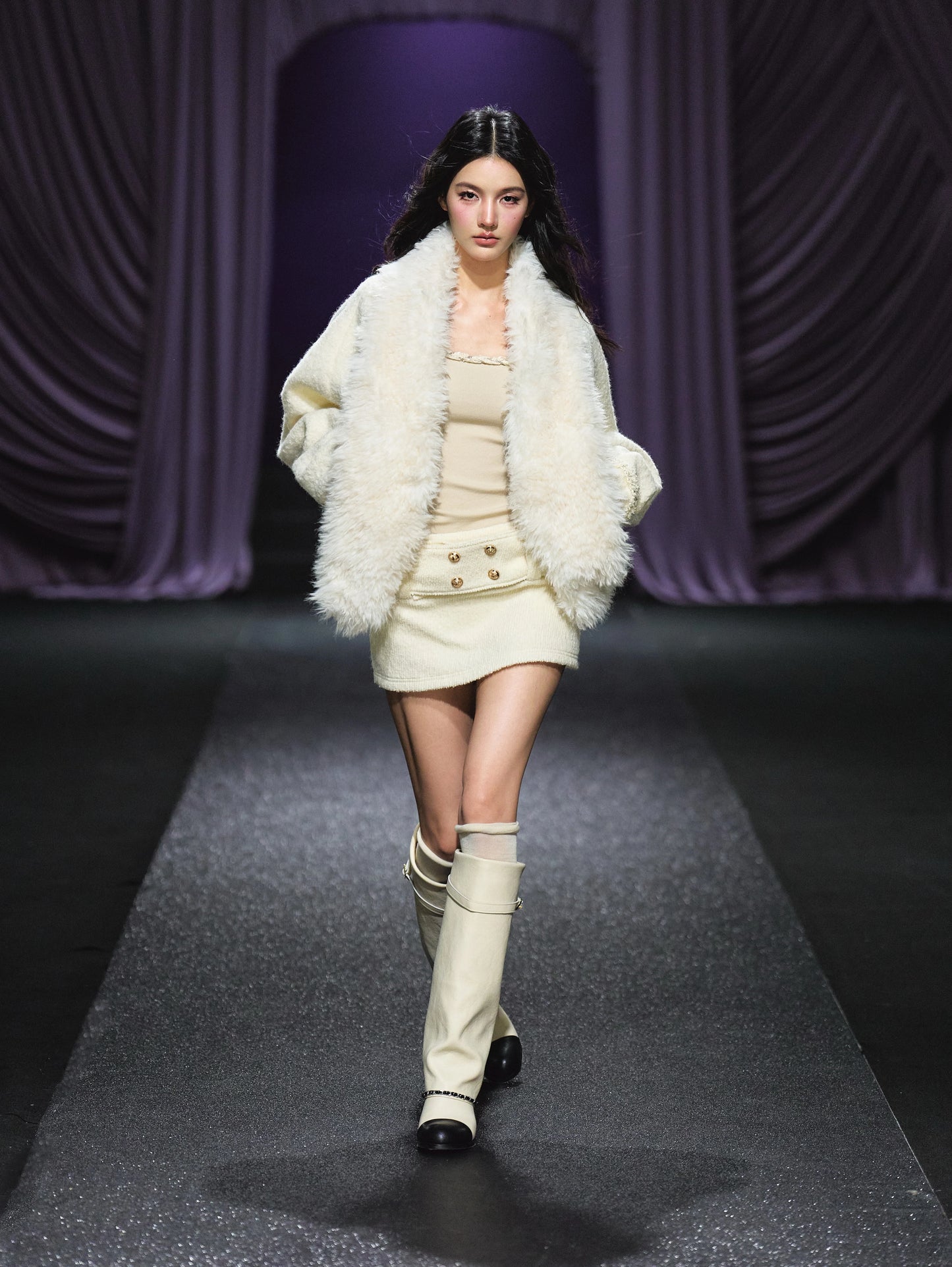 "Winter Heiress" Ivory Wool-Blend Belted A-Line Mini Skirt