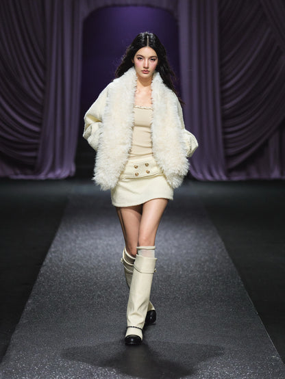 "Winter Heiress" Ivory Wool-Blend Belted A-Line Mini Skirt