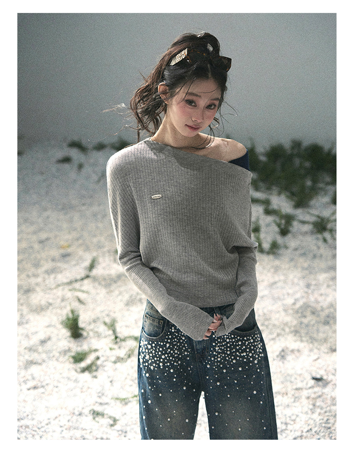 “Ashes of Yesterday” Mist Gray Off-Shoulder Layered Knit Top