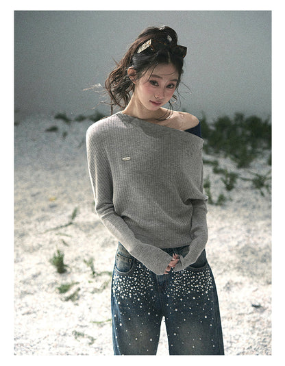 “Ashes of Yesterday” Mist Gray Off-Shoulder Layered Knit Top