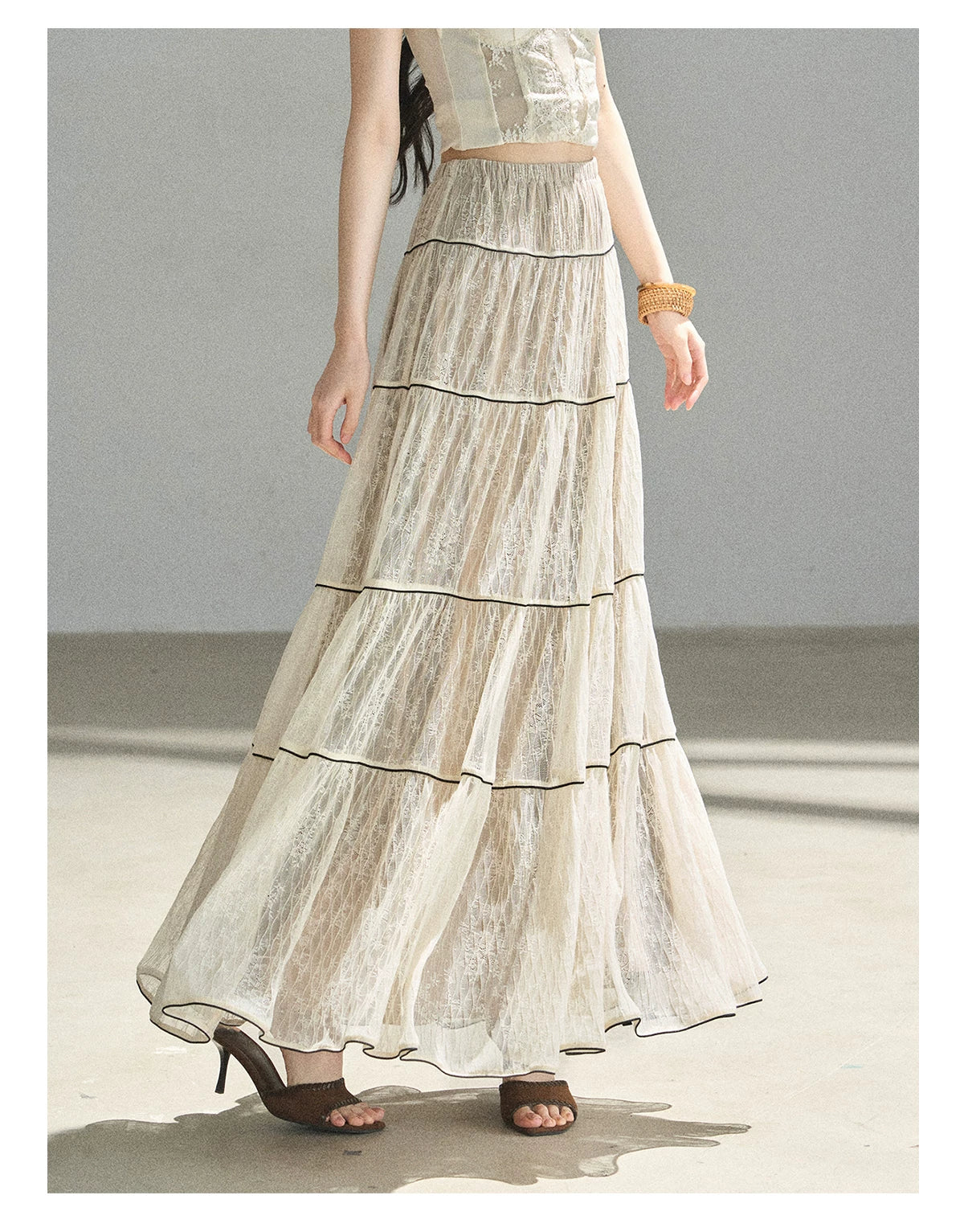 "Mist Through the Woods" Creamy Apricot White Lace Maxi A-Line Skirt