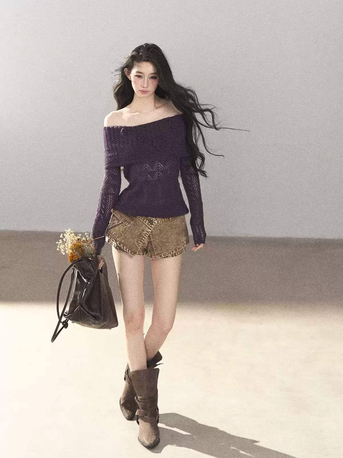 AOMALM - "Wisteria Bloom" Openwork Crochet Sweater – Aubergine