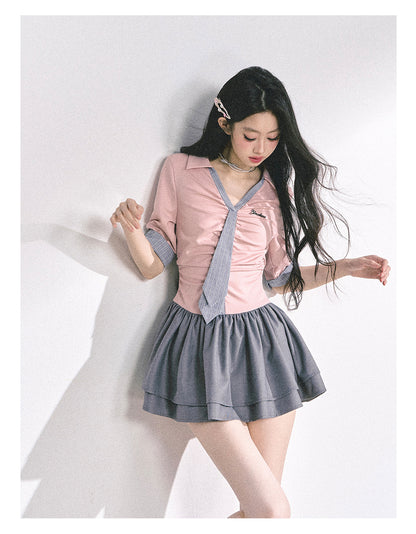 少也眼 "London Chronicle" Structured Plaid Puff-Sleeve Mini Shirt Dress - Gray Pink