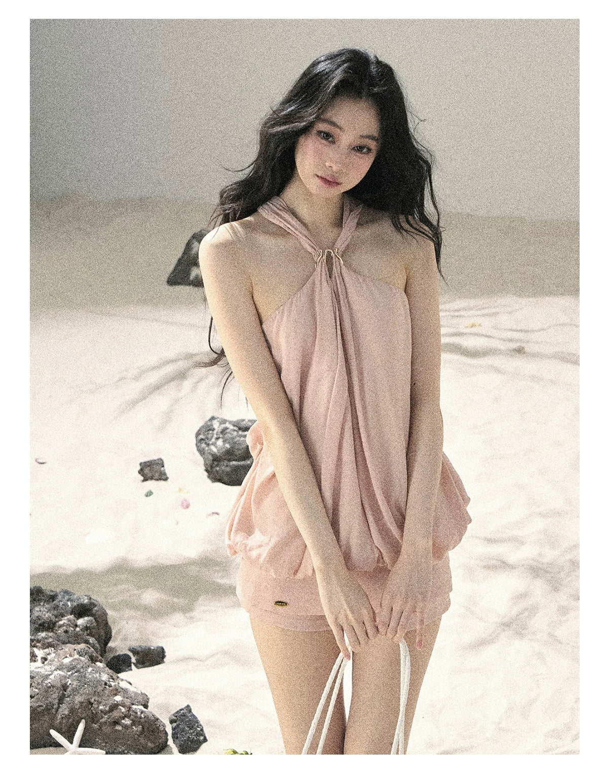 "Soft Luminous Glow" Misty Pink Halter Top & High-Waisted Skort Two-Piece Set