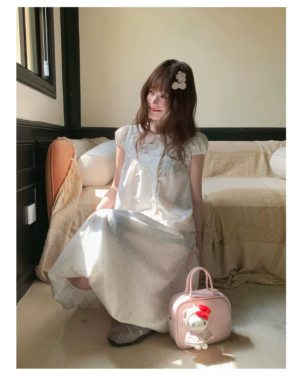 [RF] “White Peach Milk Foam” Pink & White Floral Polka Dot Two-Piece Set