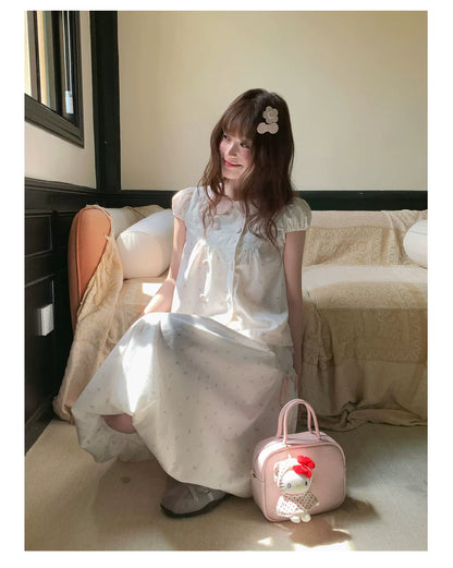 [RF] “White Peach Milk Foam” Pink & White Floral Polka Dot Two-Piece Set