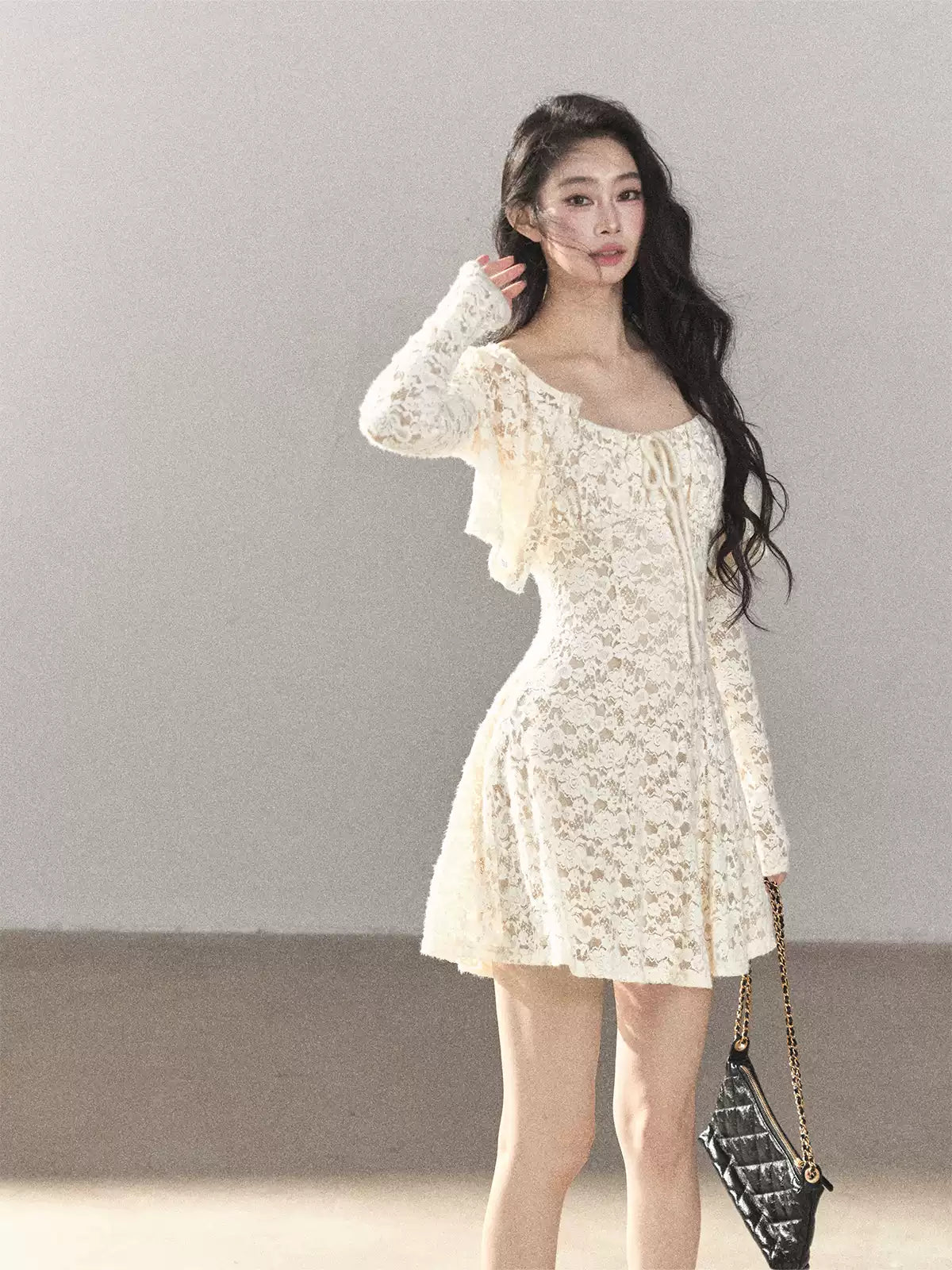 AOMALM - "Moonlight on the Floor" Dutch Cream Lace Cami Dress & Cardigan Set