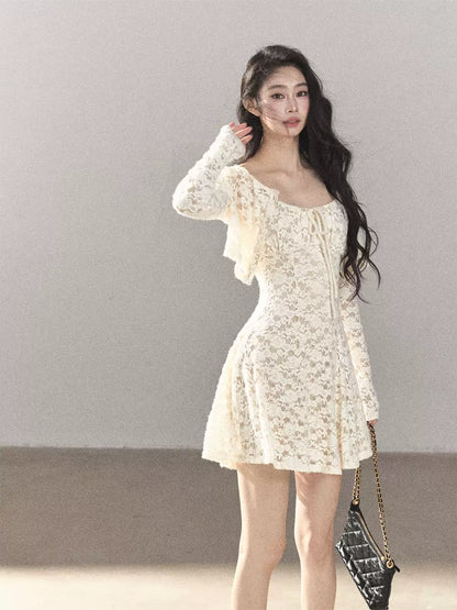AOMALM - "Moonlight on the Floor" Dutch Cream Lace Cami Dress & Cardigan Set