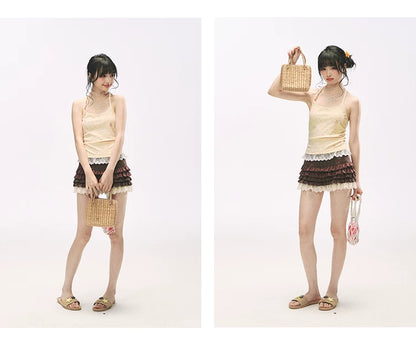 "Bear Cottage Holiday" Butter Yellow Lace Trim Bear Print Halter Knit Cami Top