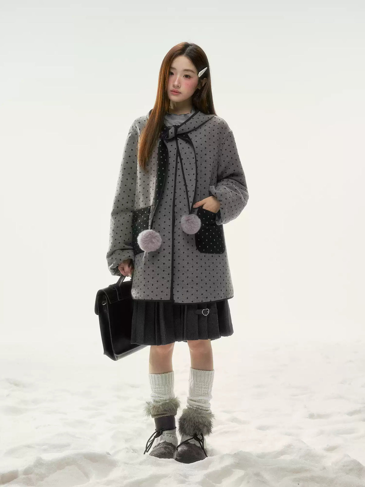 BIBIBENCY - Gray & Black Reversible Polka Dot Wool-Look Coat