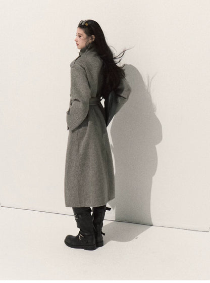 OAKMOO/ Pure Wool Belted Double-Faced Stand Collar Coat (Silver Blue / Flint Gray)