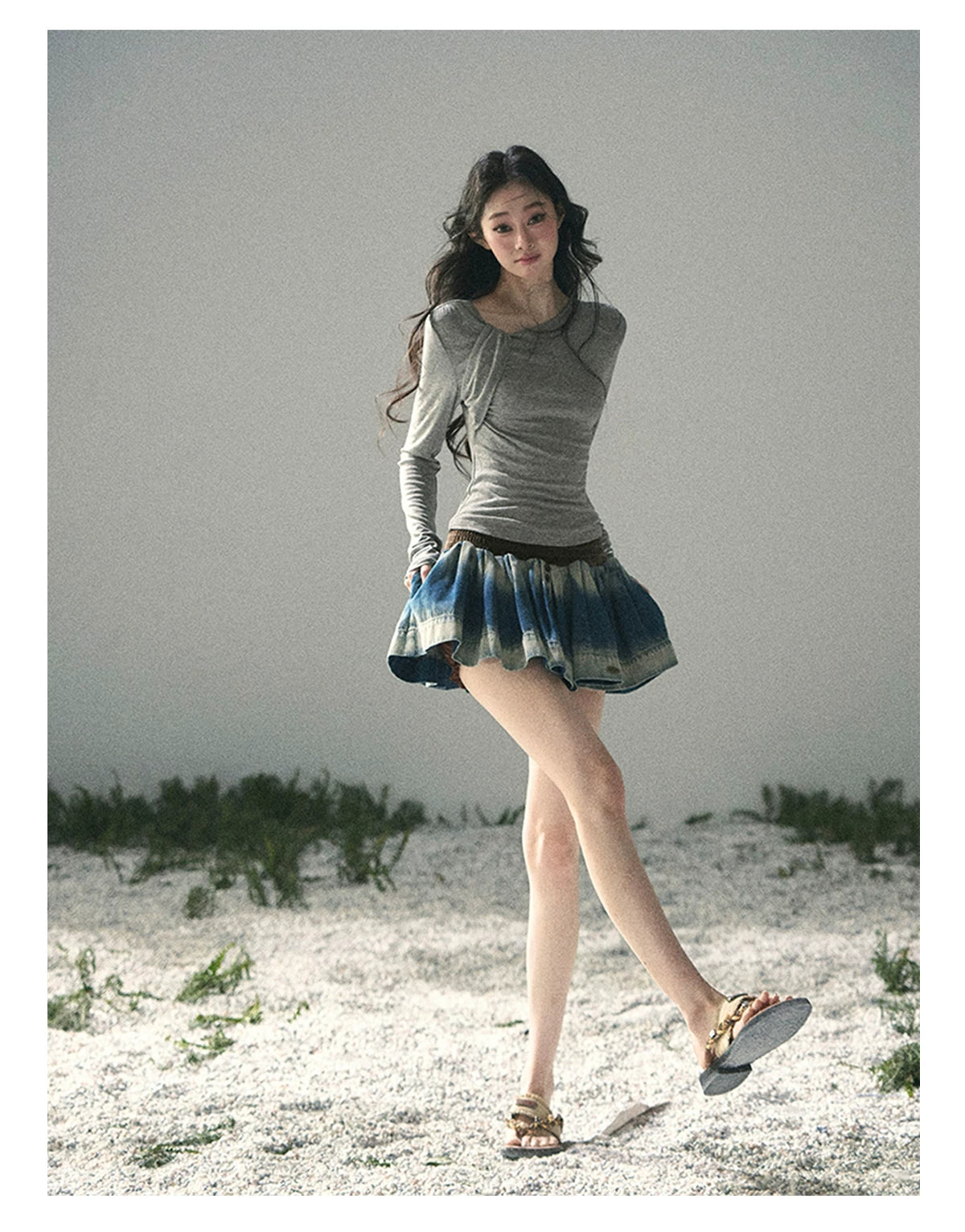 “Skin Mood” Cloud Mist Gray Ruched Asymmetrical Top