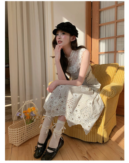 “Tea Garden Reverie” Light Apricot Plaid Embroidered Dress