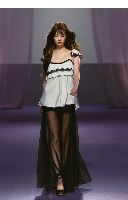 Ruched Semi-Sheer Mesh Maxi Skirt (Apricot/ Black/ Gray)