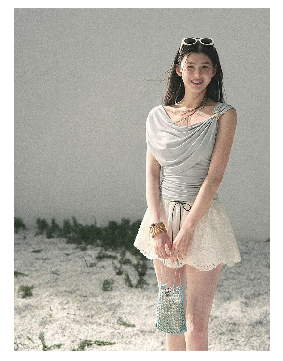“When the Wind Stole Moonlight” Moonstone Draped Off-Shoulder Top
