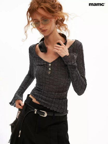 MAMC - Gray Wool-Blend Floral Lace V-Neck Top