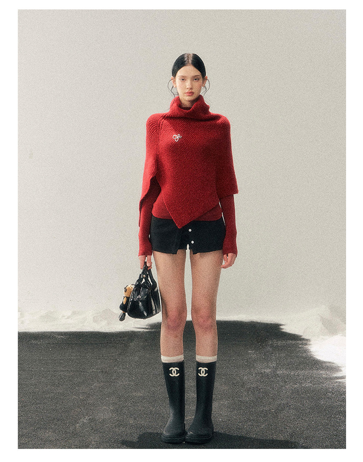 181225 "Late Autumn Ginkgo" Burgundy High-Neck Knit Cape Set