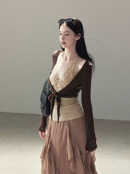 AOMALM - "Tender in This Moment" Rich Cocoa Faux Two-Piece Lace Top