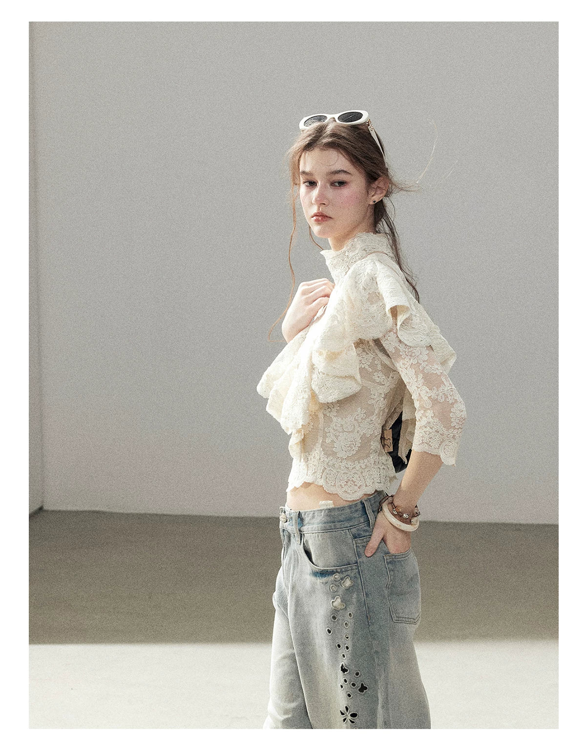 "Translucent Bloom" Dutch Cheese Lace Cropped Top