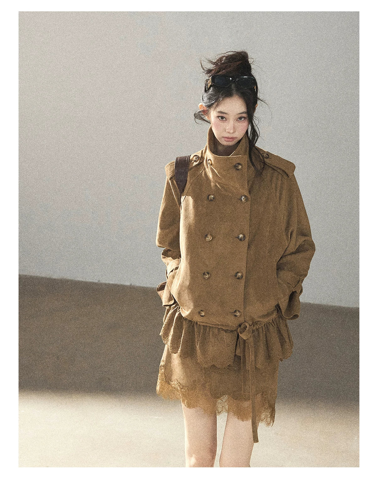 AOMALM - Sandstone Brown Faux-Suede Jacket & Lace-Trim Mini Skirt Set
