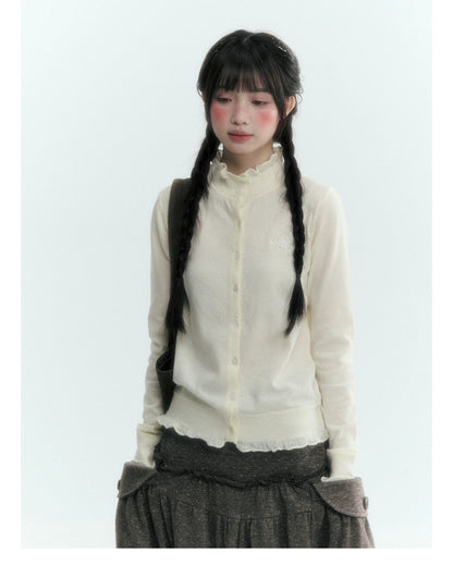 Horridale - Cloud White Ruffle Trim Embroidered Knit Top