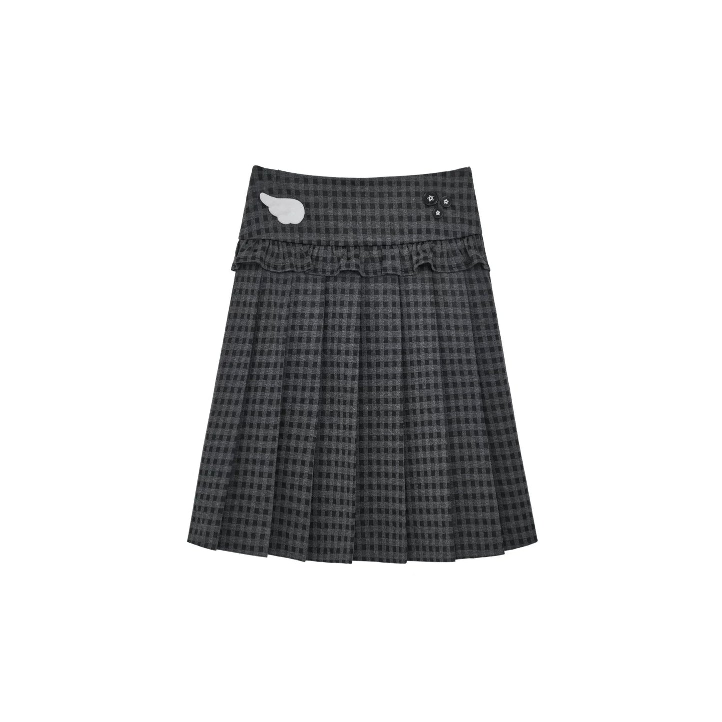 "Forgotten Corner" Mock Neck Gray Base Layer Top & Black Gray Plaid Skirt Set