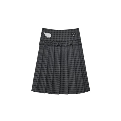 "Forgotten Corner" Mock Neck Gray Base Layer Top & Black Gray Plaid Skirt Set