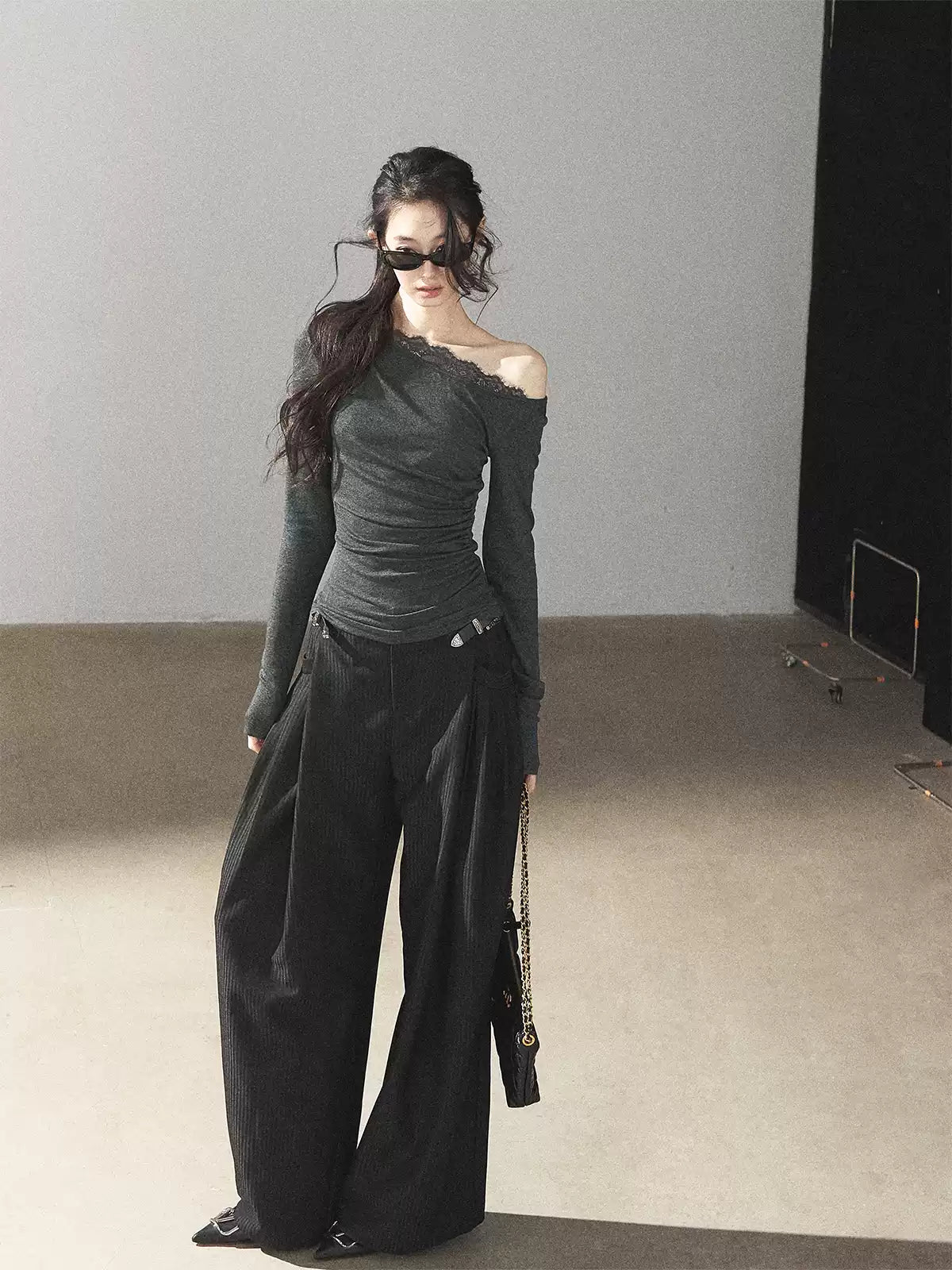 AOMALM - Dark Rock Gray Faux Two-Piece Asymmetrical Lace Long-Sleeve Top