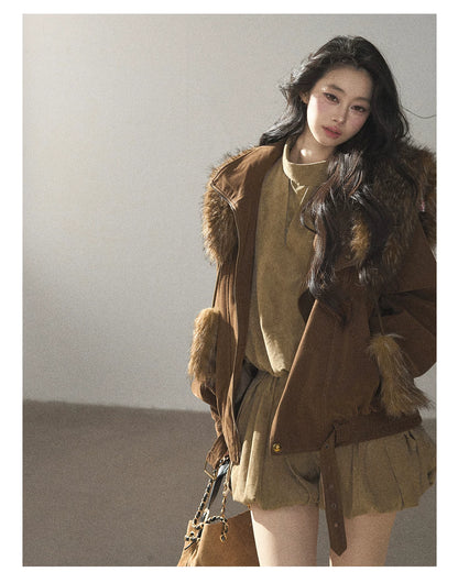 AOMALM - "The Veins of Leaves" Oatmeal French Faux Suede Top & Shorts Set