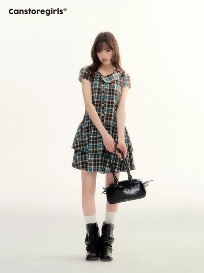 "Pine Chestnut Mint" Asymmetric Collar Plaid Dress LL2026034