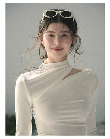 “Tidal Breath” Pearl White Draped Cutout Top