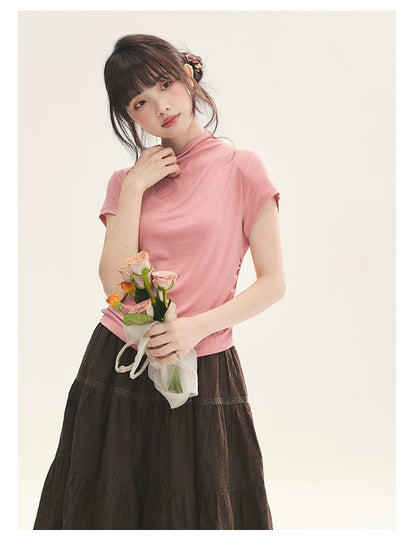 "Rose Haze" Dusty Pink Mock Neck Ruched Puff Sleeve Top