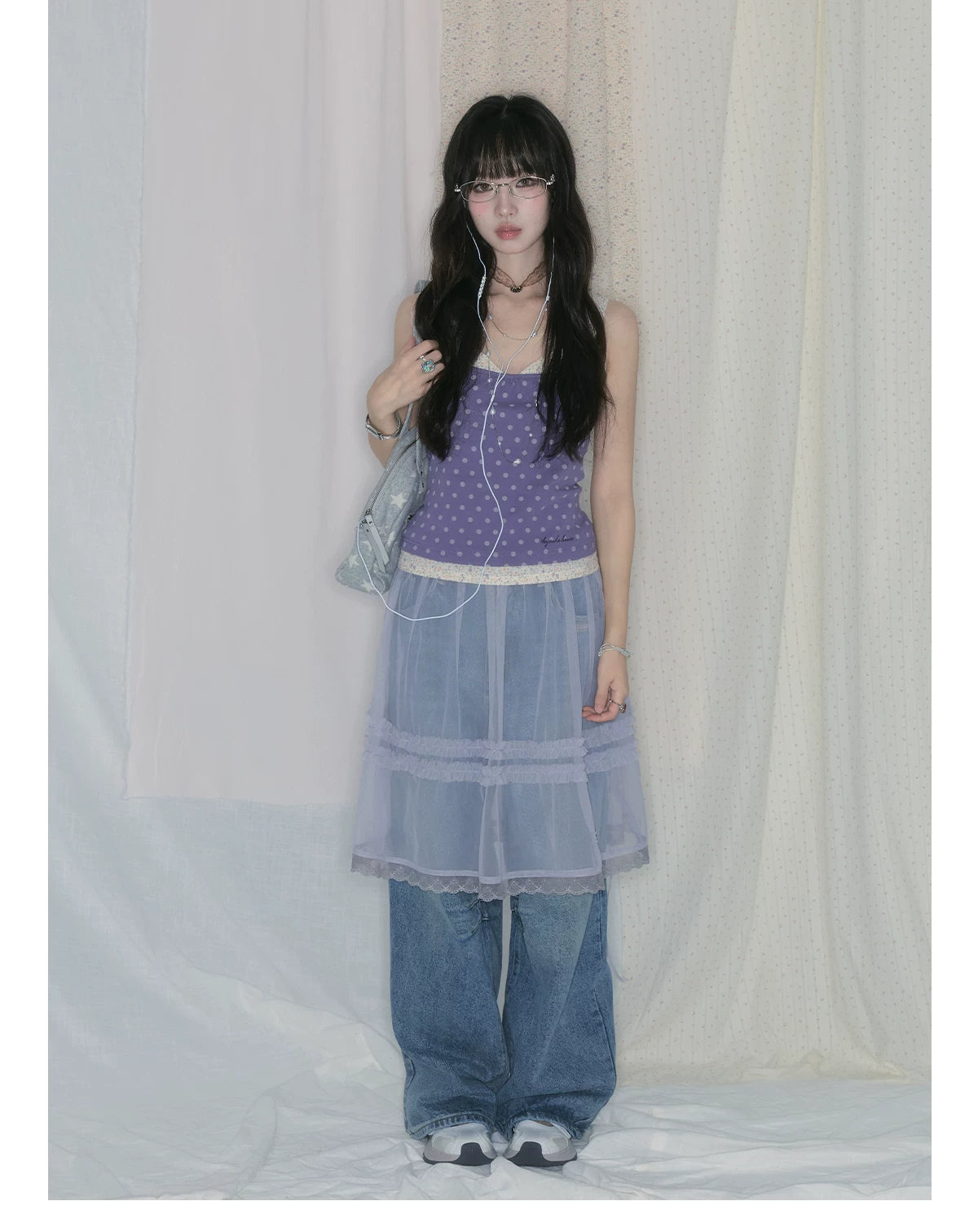 "Lavender Daydream" Layered Collection (Cami Top / Tie Cardigan / Pleated Midi Skirt / Mesh Overlay Skirt / Vintage Jeans)